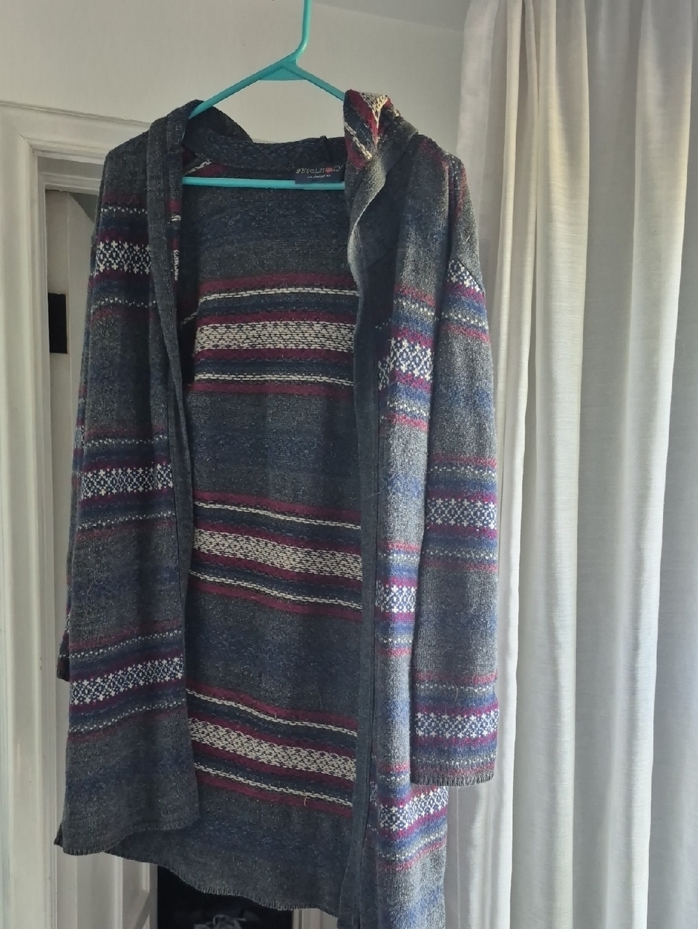 Absolutely Hooded Striped Knit Cardigan in Gray, Burgundy & Cream
